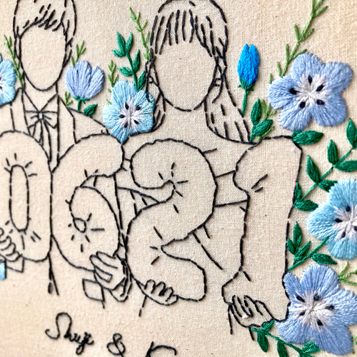 似顔絵刺繍パネル｜花刺繍・ポピー｜オーダー刺繍｜結婚祝い・誕生日