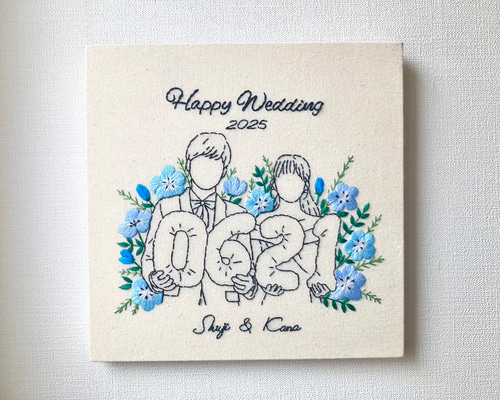 似顔絵刺繍パネル｜花刺繍・ポピー｜オーダー刺繍｜結婚祝い・誕生日