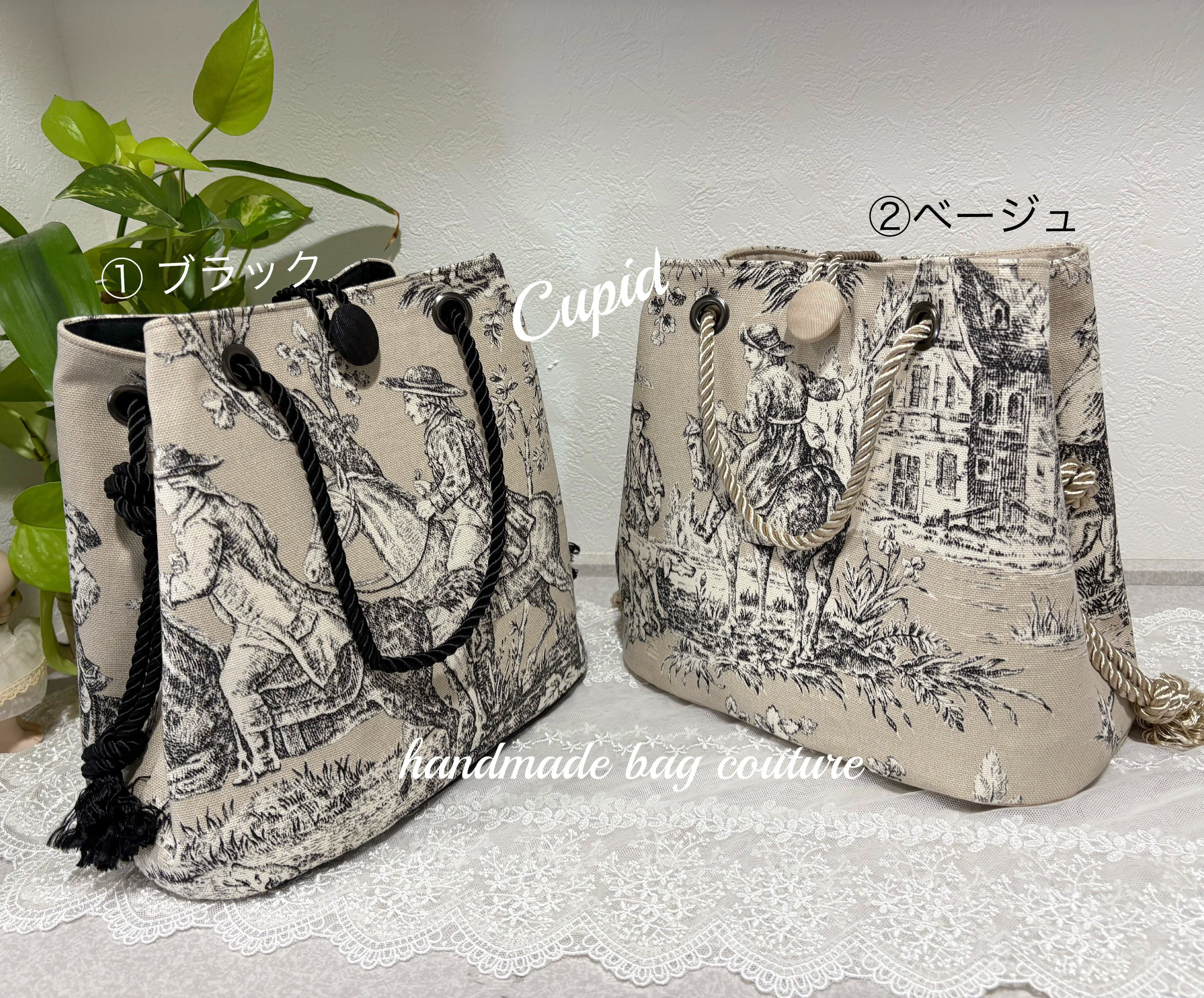 フランス輸入　トワルドジュイ（乗馬・狩猟柄）を使った２Way軽量巾着バッグ（黒・ベージュ選択）