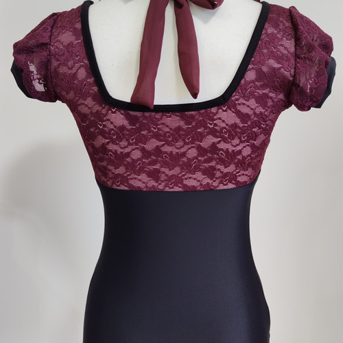 リボン柄レースとふんわりお袖が可愛いスクエアネック黒の娘役レオタードＳ～Mサイズ リボン柄レースとふんわりお袖が可愛いスクエアネック黒の娘役