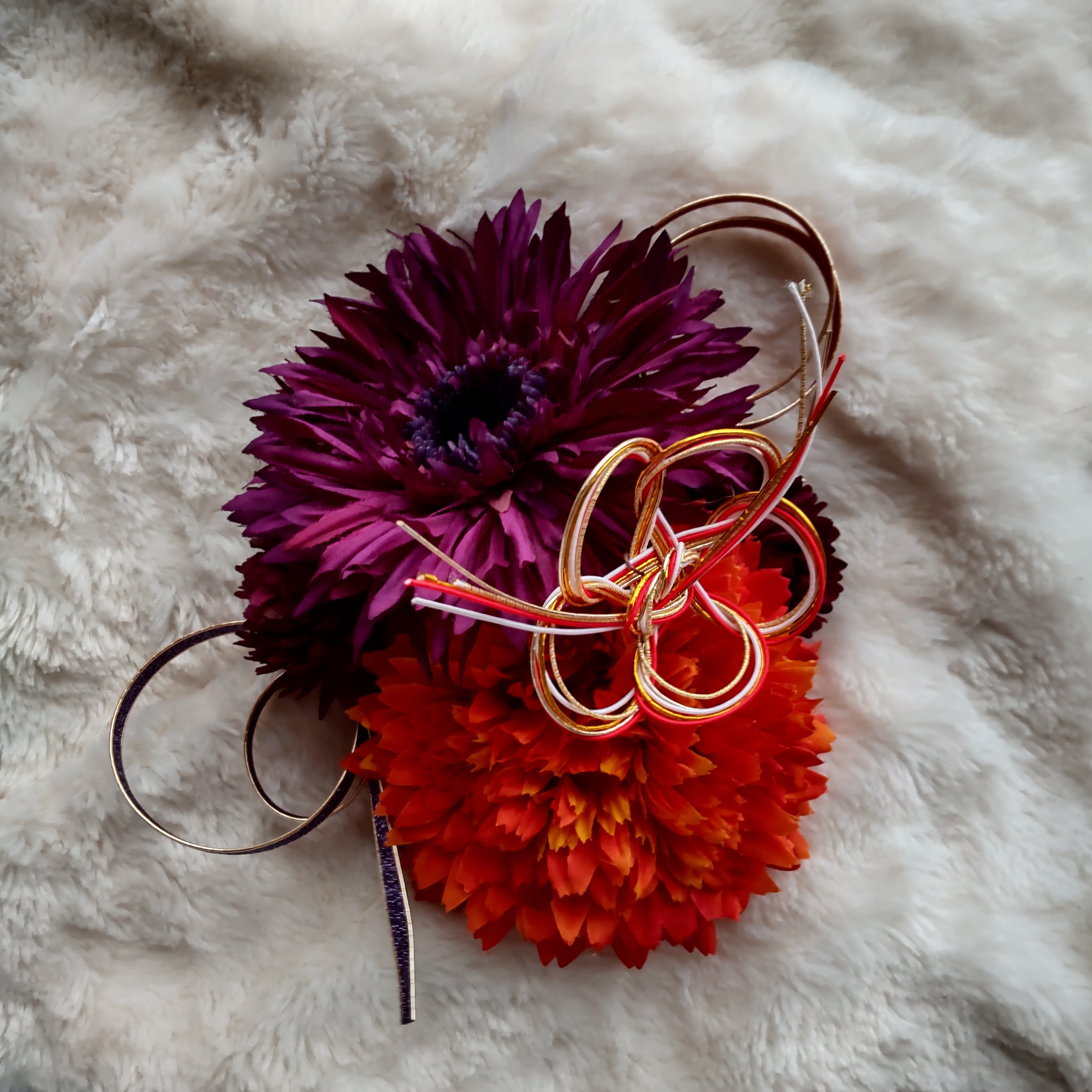 造花髪飾り　紫ガーベラ　オレンジマム