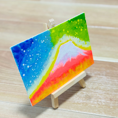 ハガキサイズ】輝く富士山 キャンバスアート カラフル アクリル絵の具