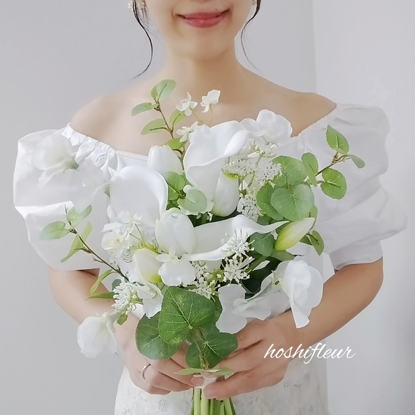 カラーブーケ&ブートニア白グリーンのナチュラルブーケ♡白