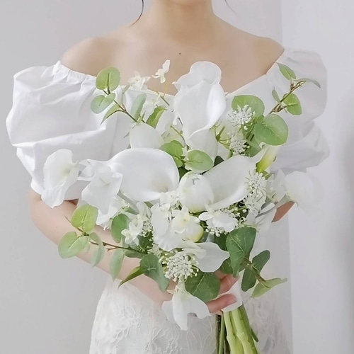 カラーブーケ&ブートニア白グリーンのナチュラルブーケ♡白