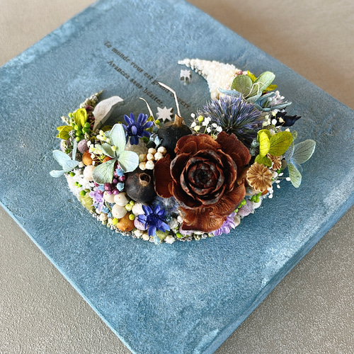 ボタニカルボード 月と小鳥 三日月 ドライフラワー アートボード