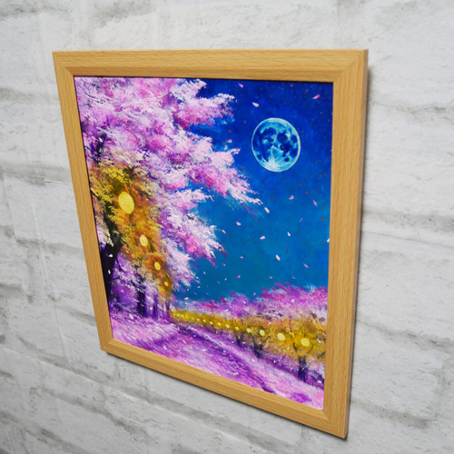 絵画　月 油絵 油彩 油彩画 絵 絵画【夜桜と青い満月】 絵画 HR 通販