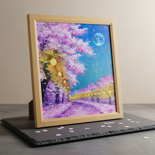 油絵 原画【夜桜と青い満月】絵画 インテリア 壁掛け 風景画 絵画 HR