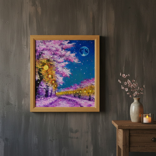 油絵 原画【夜桜と青い満月】絵画 インテリア 壁掛け 風景画 絵画 HR
