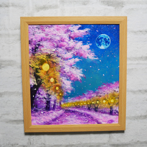 油絵 油彩 油彩画 絵 絵画【夜桜と青い満月】 絵画 HR 通販
