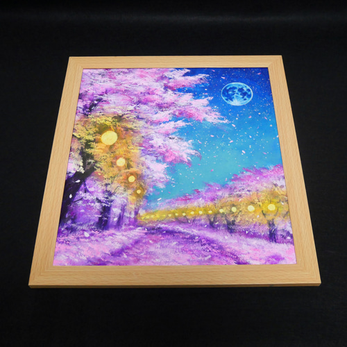 油絵 油彩 油彩画 絵 絵画【青い満月と菜の花と桜】 油絵 油彩 油彩画 絵 絵画【青い満月と菜の花と桜】の通販 by