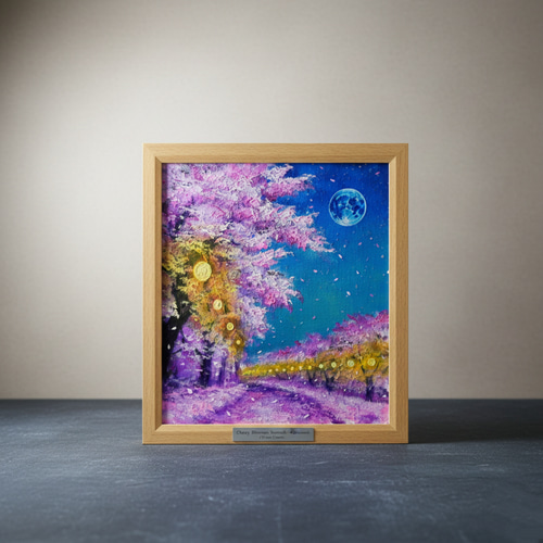油絵 原画【夜桜と青い満月】絵画 インテリア 壁掛け 風景画 絵画 HR