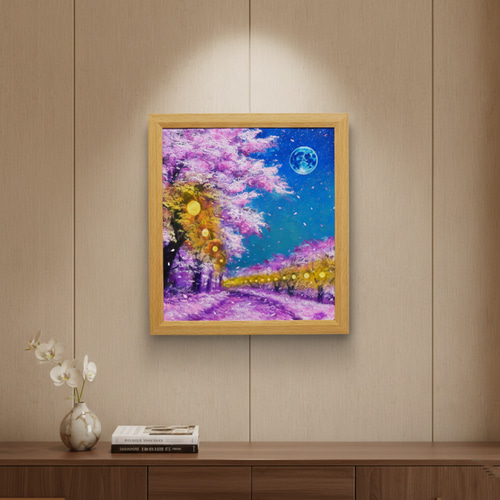 油絵 原画【夜桜と青い満月】絵画 インテリア 壁掛け 風景画 絵画 HR