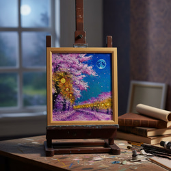 油絵 原画【夜桜と青い満月】絵画 インテリア 壁掛け 風景画 絵画 HR