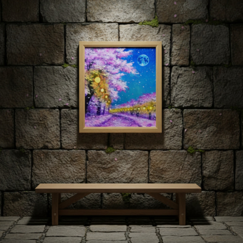 油絵 原画【夜桜と青い満月】絵画 インテリア 壁掛け 風景画 絵画 HR