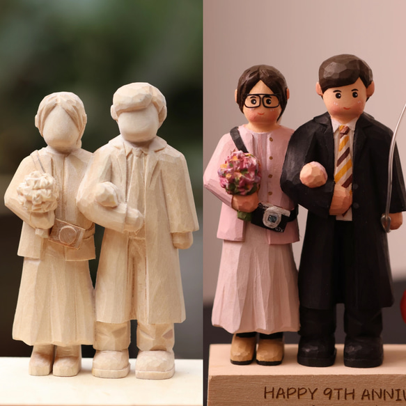 写真を元に制作！夫婦を表したユニークな木彫り人形、結婚記念に 彫刻
