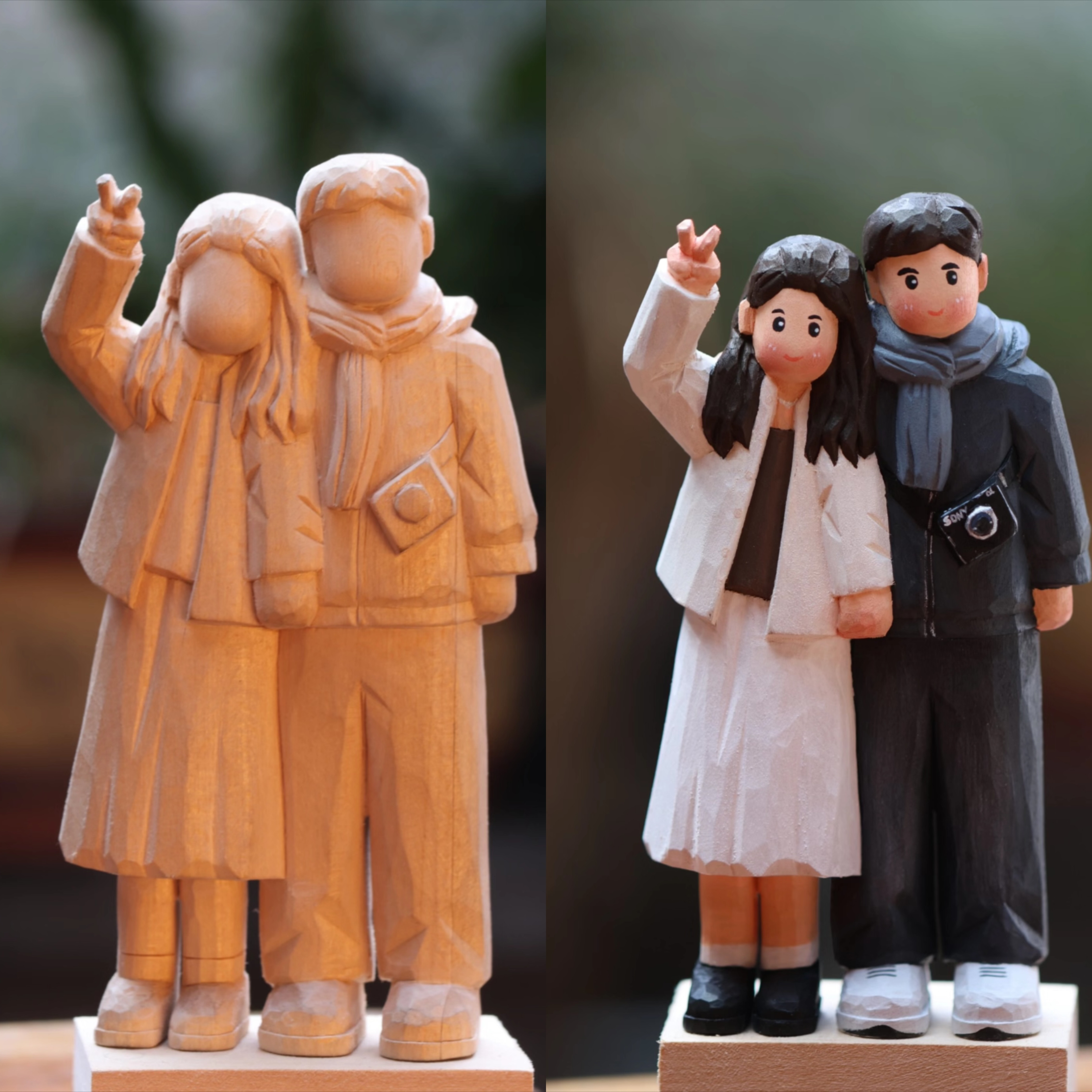 ご提供いただいた写真を元に、愛する2人の特別な瞬間を、木彫り人形に生き生きと表現して残しましょう！結婚記念に最適です