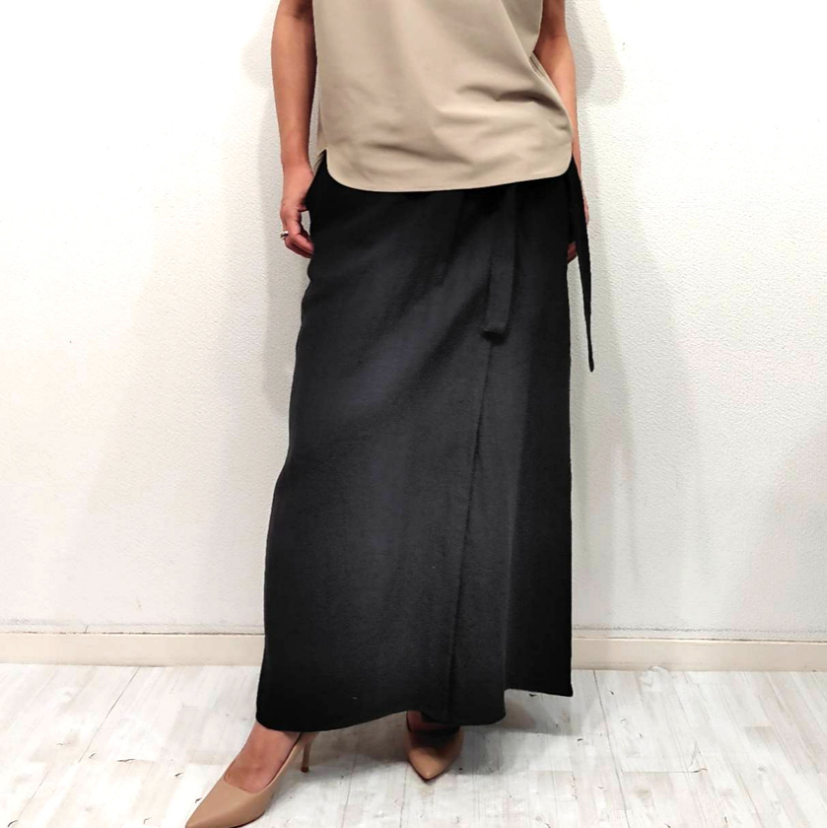 【リネン100%ヘリンボーン巻きスカート】　リネン100% ヘリンボーン　巻きスカート　ブラック　日本製
