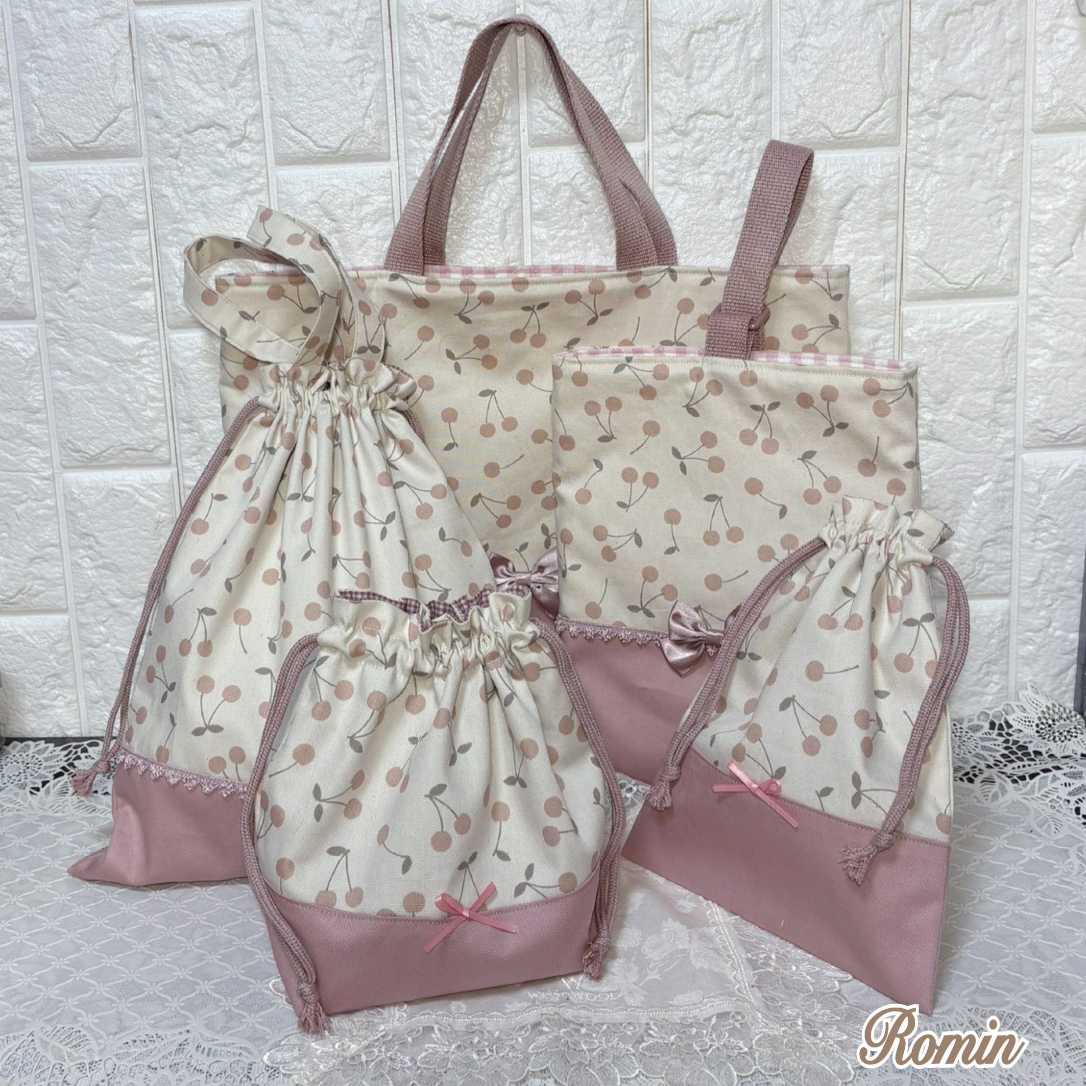 入園入学準備　5点セット　女の子　チェリー柄　くすみピンク