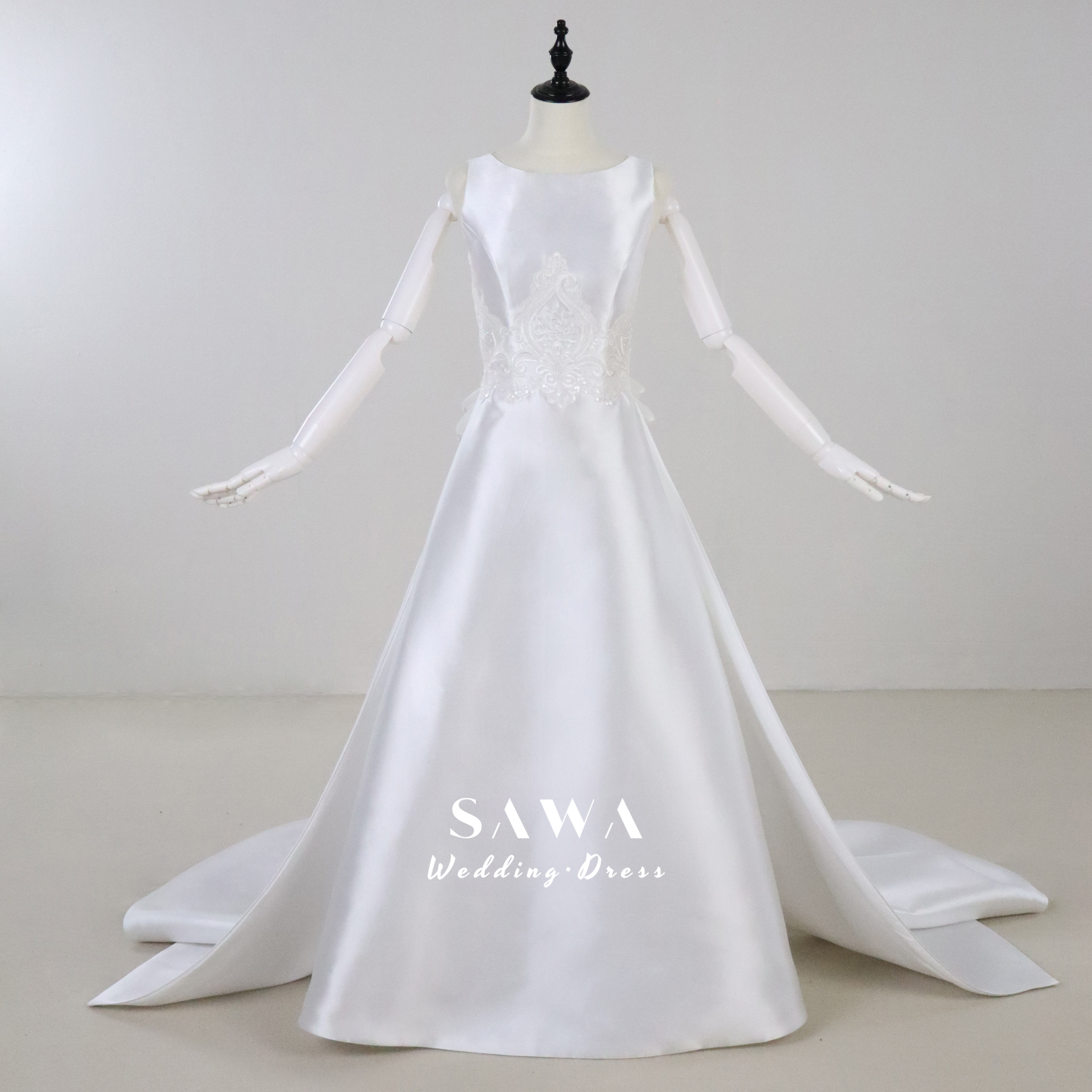 激安！高級サテン　ジュエル　ホワイト　袖無し　エレガントなレース　取り外し可能オーバースカート　人気商品　二次会ファスナ