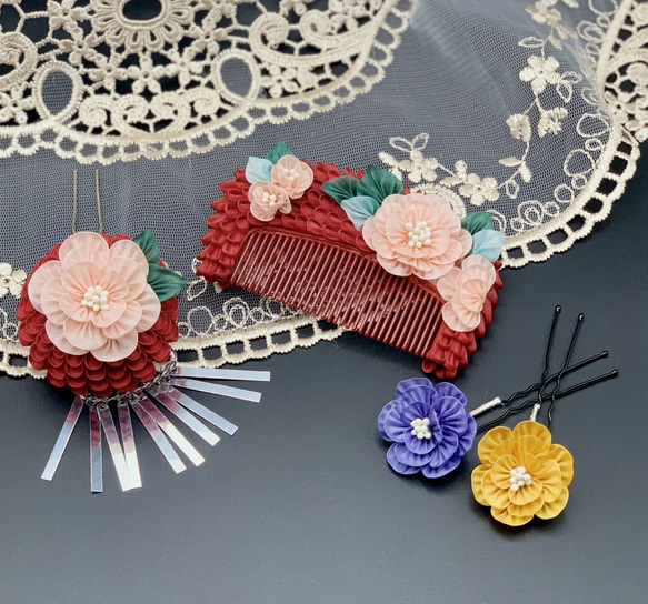 つまみ細工 花櫛 花かんざし 七五三髪飾り 前櫛 ヘアアクセサリー
