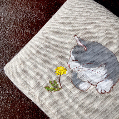ギフトセット『蒲公英と猫』手描きコットンリネンハンカチと巾着
