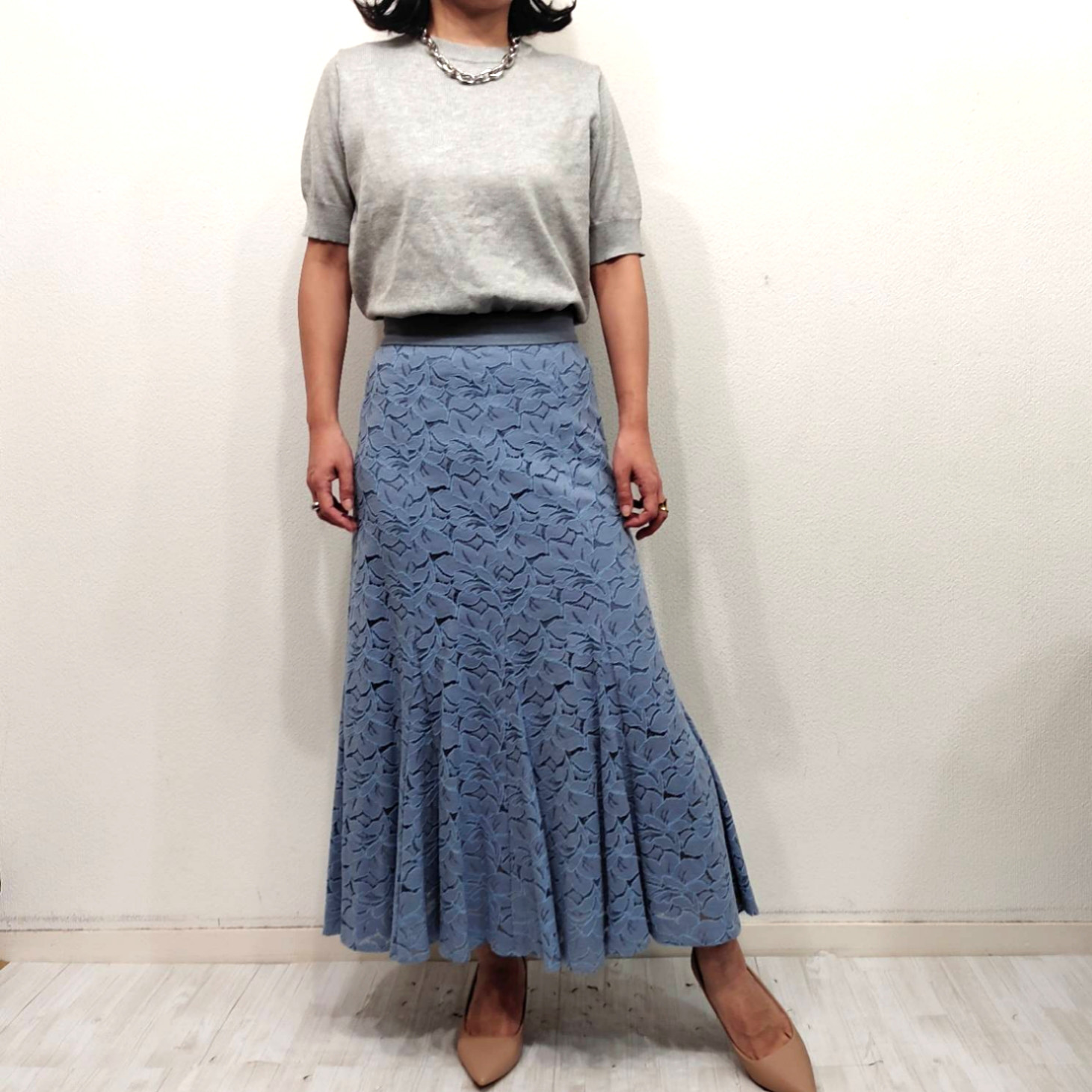 小柄Sサイズ【花柄レースマーメードスカート】36サイズ日本製　花柄レース　マーメード　後ろファスナー　ブルー