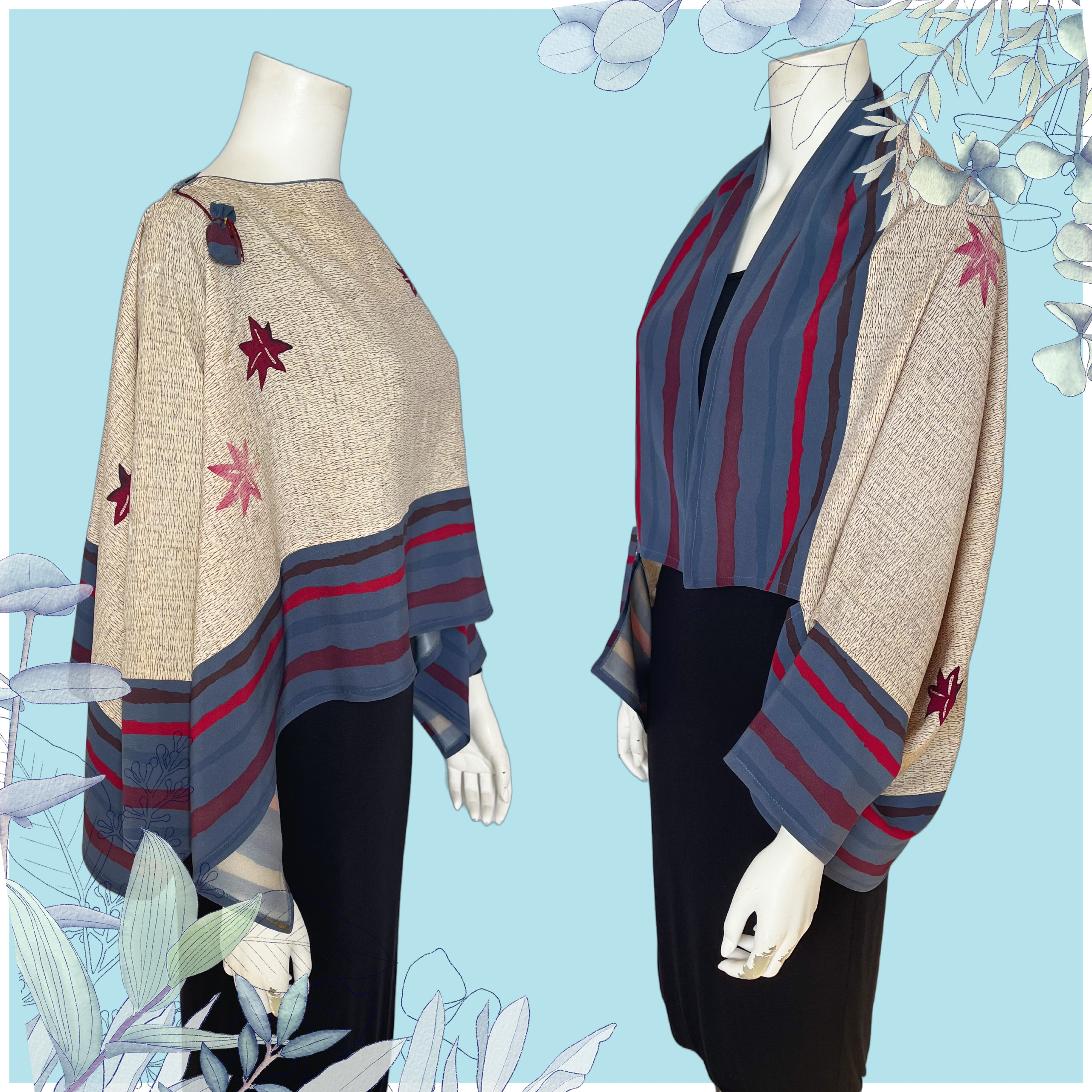 着物のリメイク 紅葉柄とボーダー柄：大きなサイズの２通り使える折り紙ドルマンブラウス＆シュラグジャケット