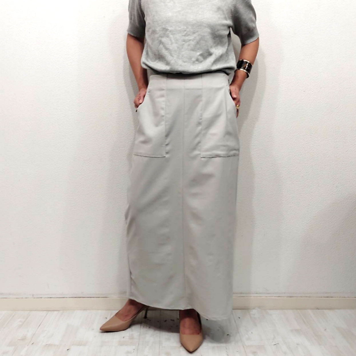 【すっきりシルエットIラインベイカースカート】日本製　I ライン　ベイカースカート　オフグレー