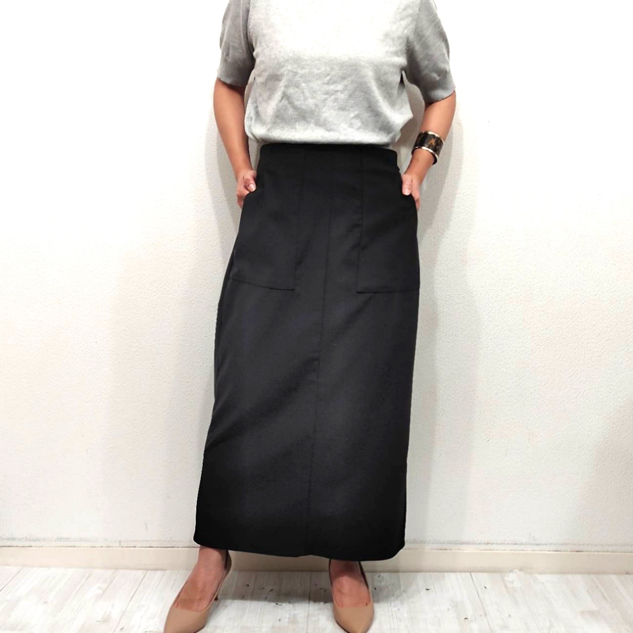【すっきりシルエットIラインベイカースカート】日本製　I ライン　ベイカースカート　ブラック