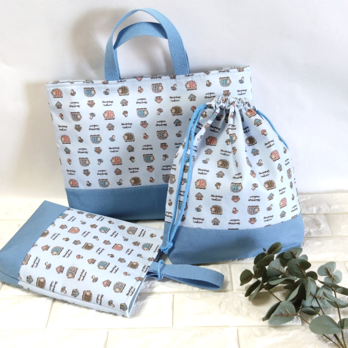 《送料無料》通園・通学3点セット・クッキーなハリネズミ・ブルー・レッスンバッグ&上履き入れ&体操着袋　＃n609