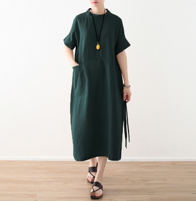 揺れるサイドリボンが涼感を高める♪ドロストリネンワンピース グリーン