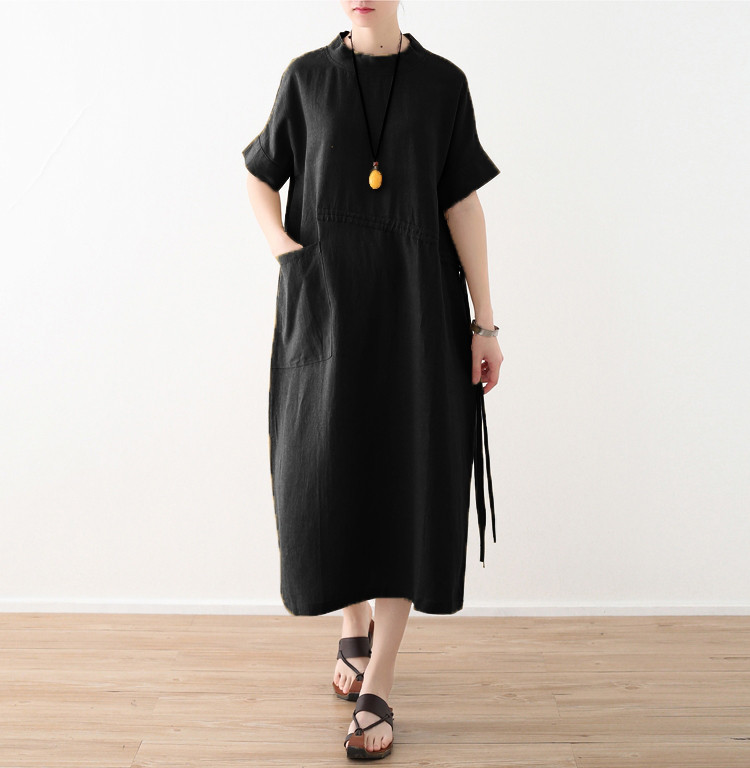 揺れるサイドリボンが涼感を高める♪ドロストリネンワンピース ブラック
