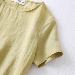 ★サンプルセール　1点のみ★2000円オフ★リネンブラウス　半袖Tシャツ渋みがかった黄緑色 L(080) 4枚目の画像
