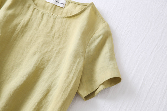 ★サンプルセール　1点のみ★2000円オフ★リネンブラウス　半袖Tシャツ渋みがかった黄緑色 L(080) 4枚目の画像