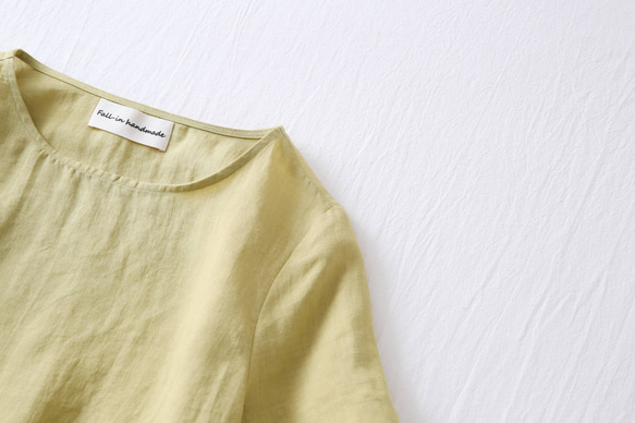 ★サンプルセール　1点のみ★2000円オフ★リネンブラウス　半袖Tシャツ渋みがかった黄緑色 L(080) 5枚目の画像