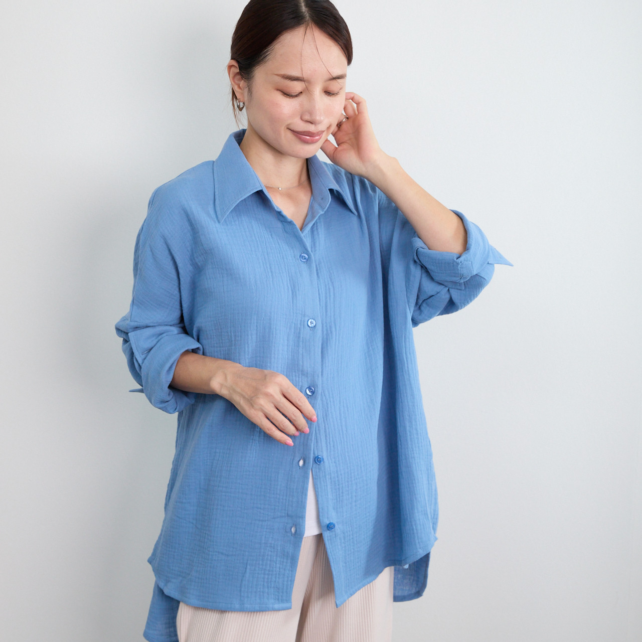 通気性良く肌触りが優しい✨楊柳ダブルガーゼ シャツ 長袖　スカイブルー　0699BL