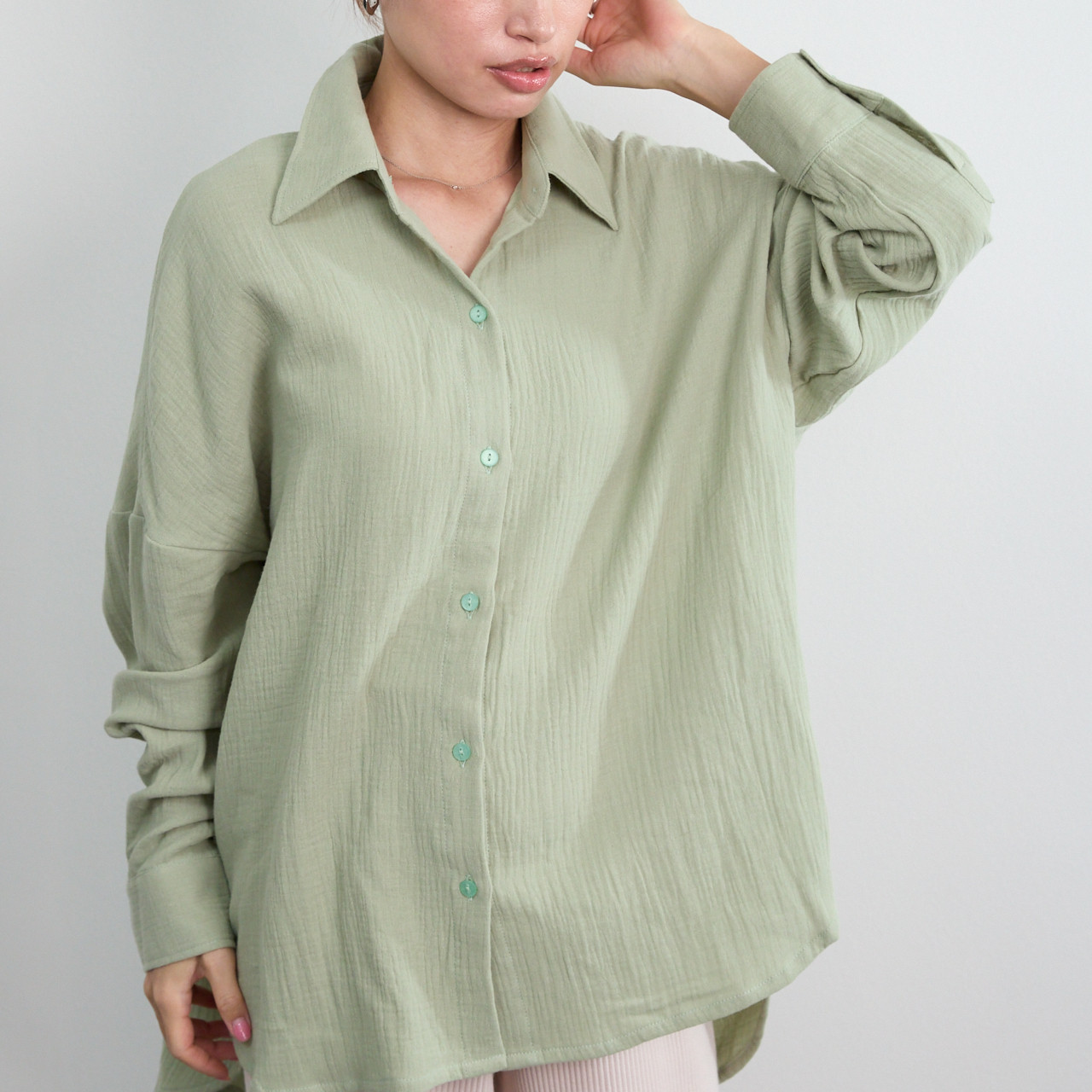通気性良く肌触りが優しい✨楊柳ダブルガーゼ シャツ 長袖　ピスタチオグリーン　0699PT