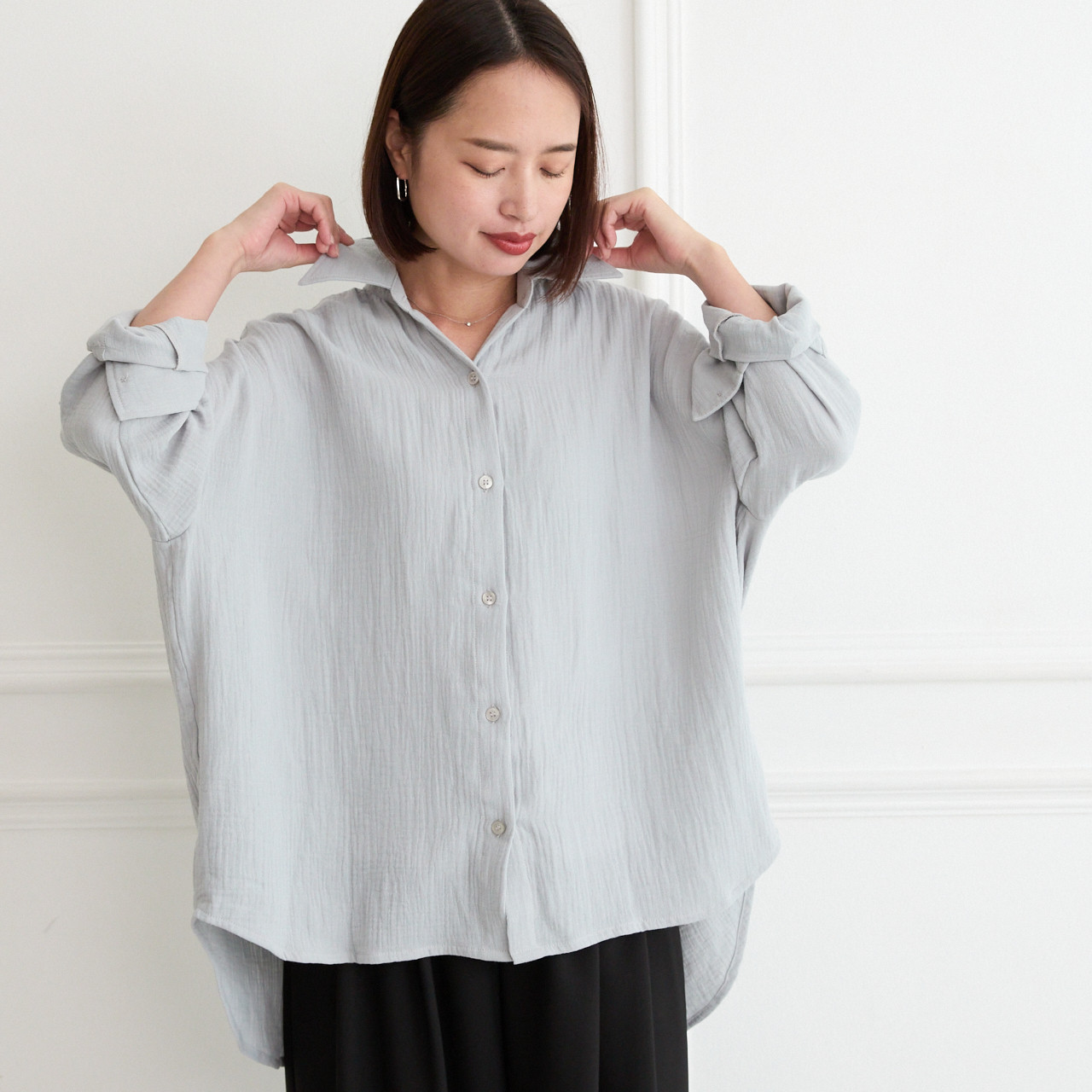 通気性良く肌触りが優しい✨楊柳ダブルガーゼ シャツ 長袖　アイスグレー　0699Grey