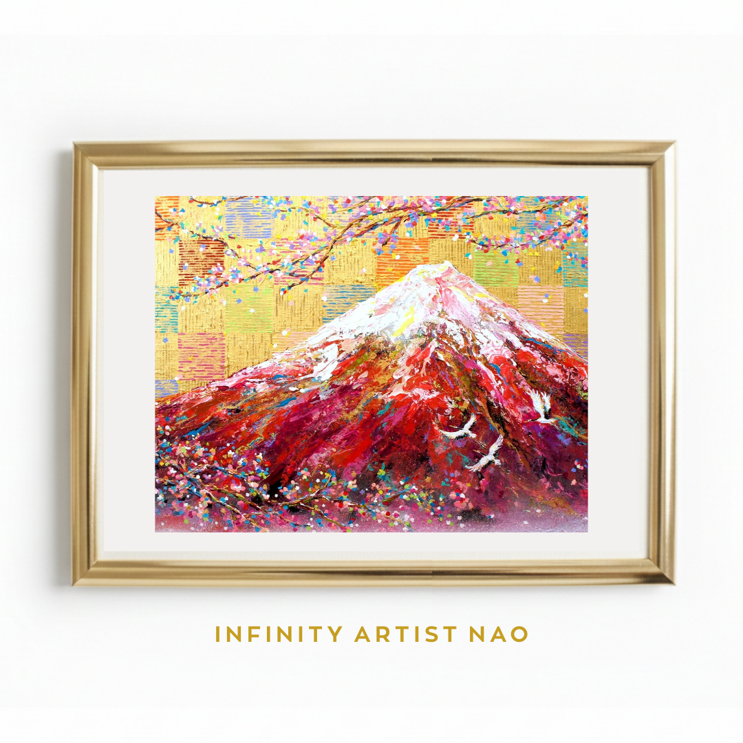 油彩 大型 鶴 富士山 迫力作品 豪華額装