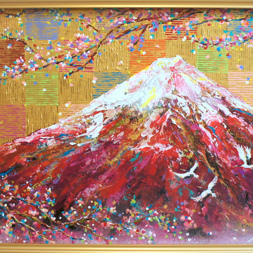 ポスター【赤富士の絵】 縁起 日本 山の絵 赤富士 富士山 つる 鶴