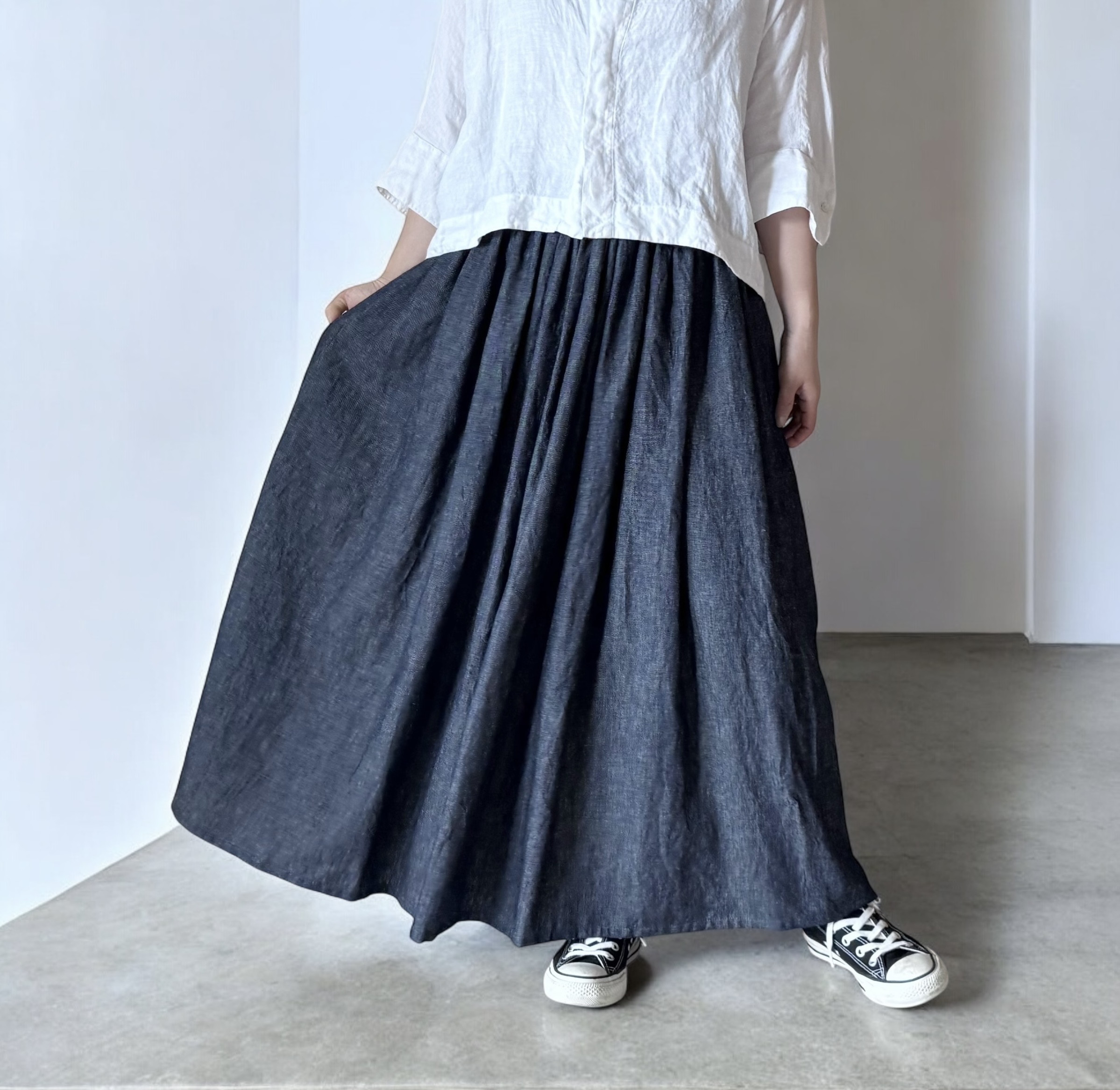 高品質な児島プレミアムリネンデニム使用♪こだわりのインディゴデニムスカート♪
