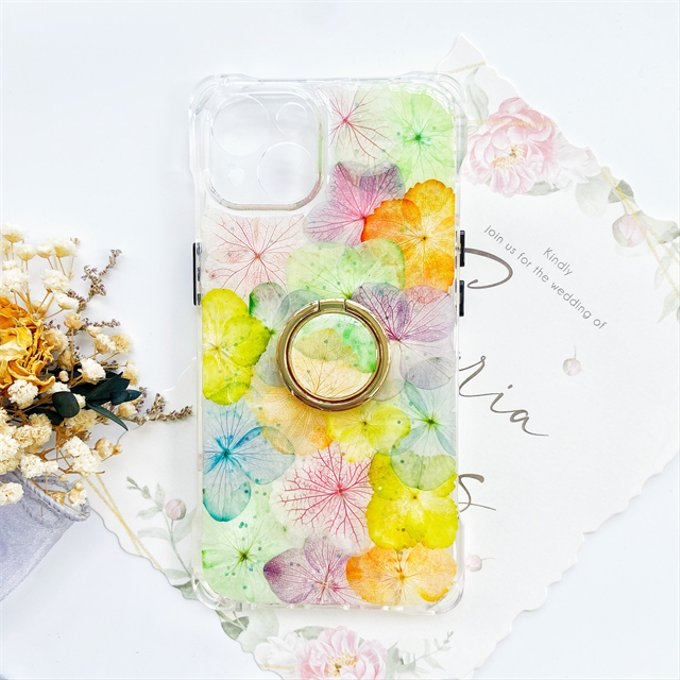 縦横自由自在、リング付き、押し花ケース 、iphone16、iphone13、iPhoneケース、名入れ無料、紫陽花