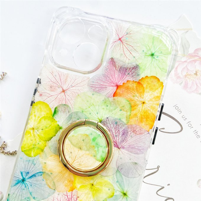 縦横自由自在、リング付き、押し花ケース 、iphone16、iphone13、iPhoneケース、名入れ無料、紫陽花