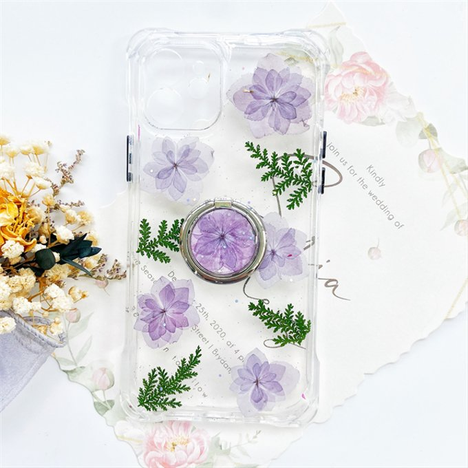 縦横自由自在、リング付き、押し花ケース 、iphone16、iphone13、iPhoneケース、名入れ無料、紫陽花