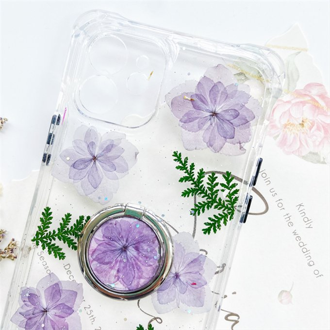 縦横自由自在、リング付き、押し花ケース 、iphone16、iphone13、iPhoneケース、名入れ無料、紫陽花
