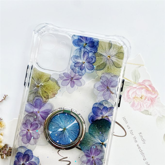 縦横自由自在、リング付き、押し花ケース 、iphone16、iphone13、iPhoneケース、名入れ無料、紫陽花
