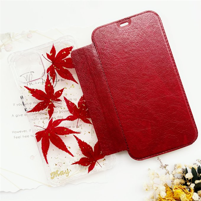 縦横自由自在、手帳型、押し花ケース 、iphone16、iPhone15、iPhoneケース、名入れ無料、紅葉