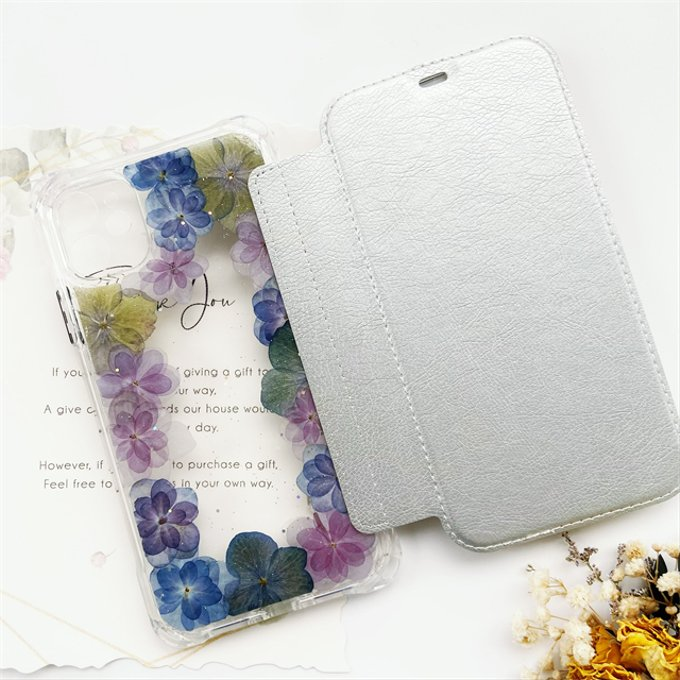 縦横自由自在、手帳型、押し花ケース 、iphone13、iphone14、iPhoneケース、名入れ無料、紫陽花