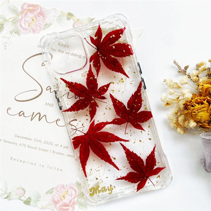 縦横自由自在、押し花ケース 、iphone16、iPhone11、iPhoneケース、名入れ無料、紅葉