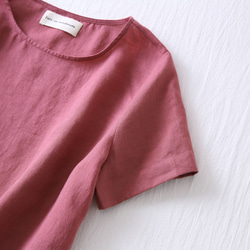 ★サンプルセール　1点のみ★2000円オフ★リネンブラウス　半袖Tシャツ　くすんだ紅色210406-12L(113) 3枚目の画像